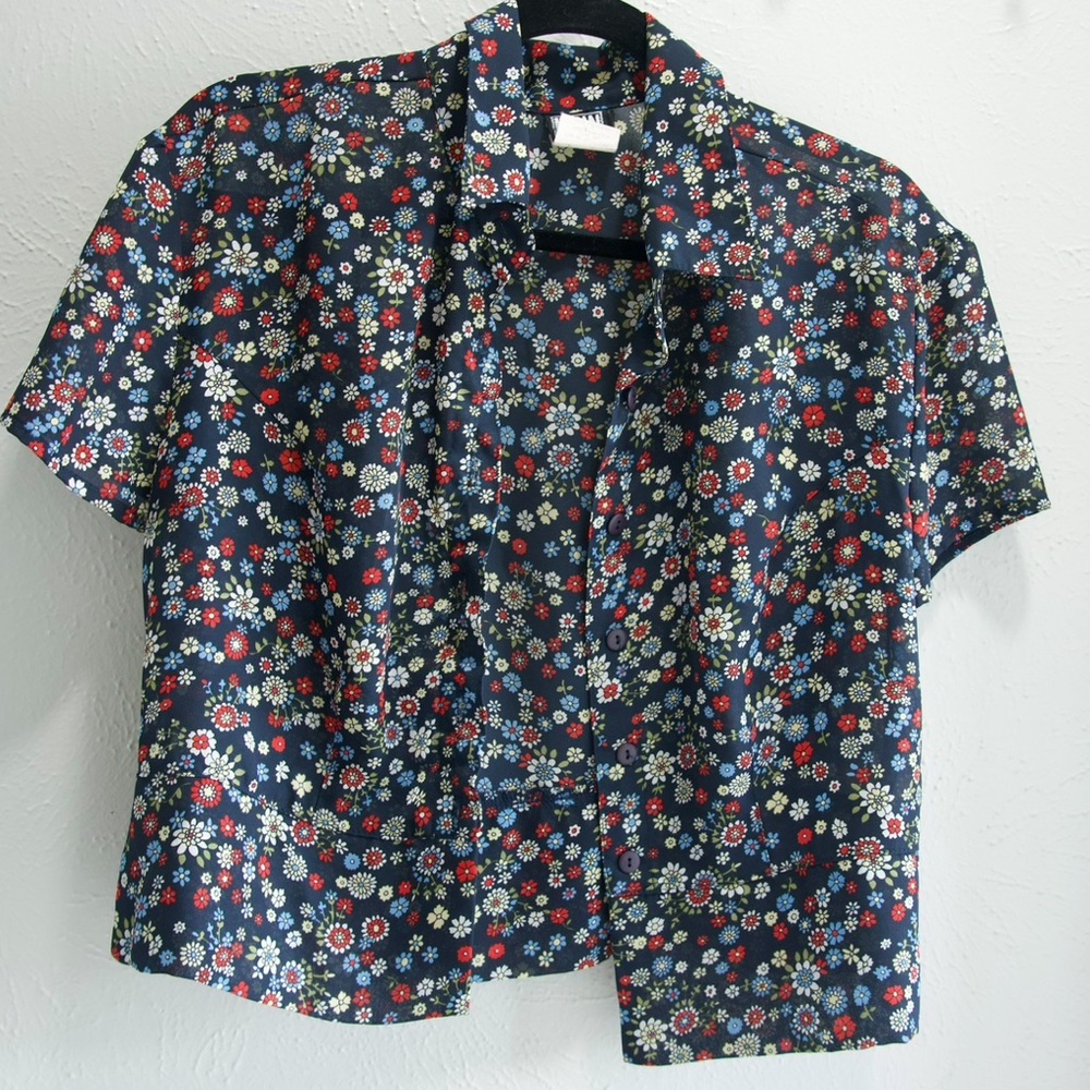 Vintage Urban Life Floral Navy Blue Blouse - Made in USA
